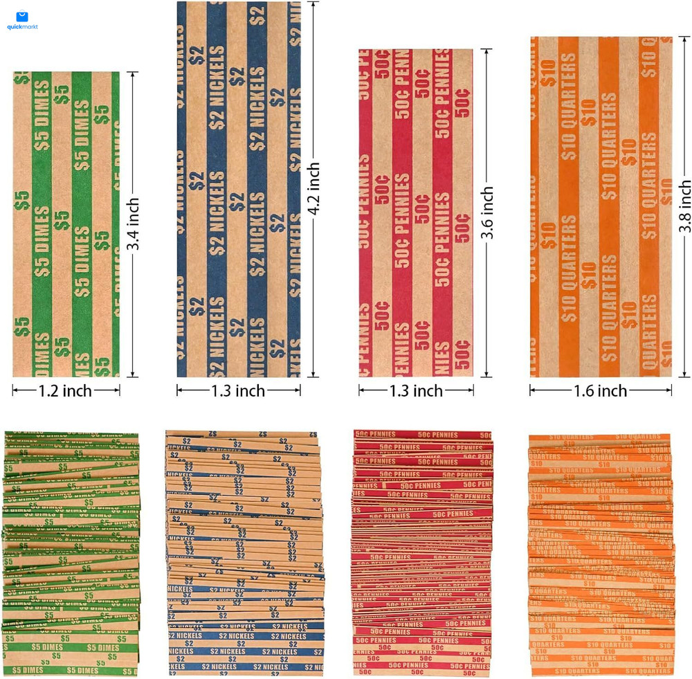 ESSENTIAL 100 pcs Assorted Packed Flat Stripped Coin Wrappers, 100-Assorted