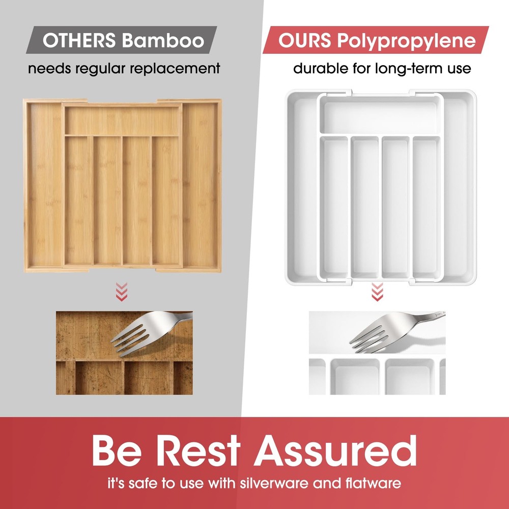 Aujen Silverware Organizer - Expandable Kitchen Drawer Medium, White