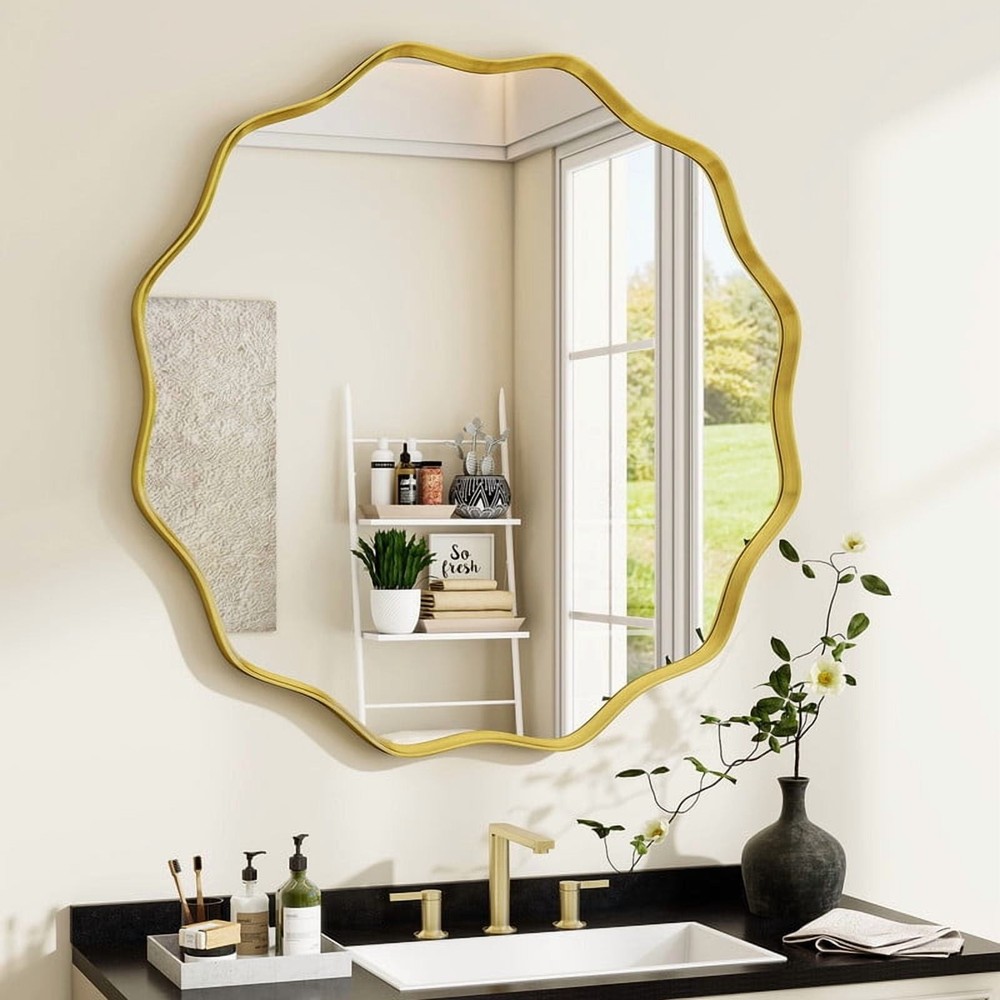 29" Wavy Round Decorative Mirror W/ Deep Frame Gold
