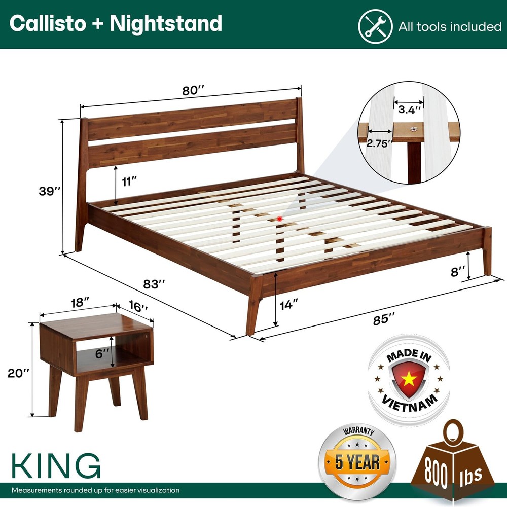 Acacia 2-Pcs King Bedroom Set Callisto – Solid Wood Platform Bed Frame wit