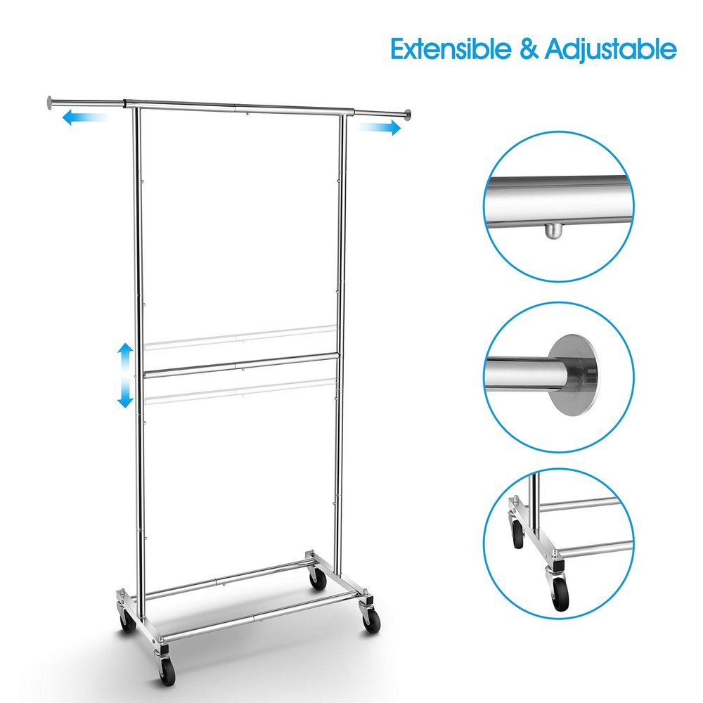 Double Rod Clothes Rack Rolling Garment Organizer Chrome