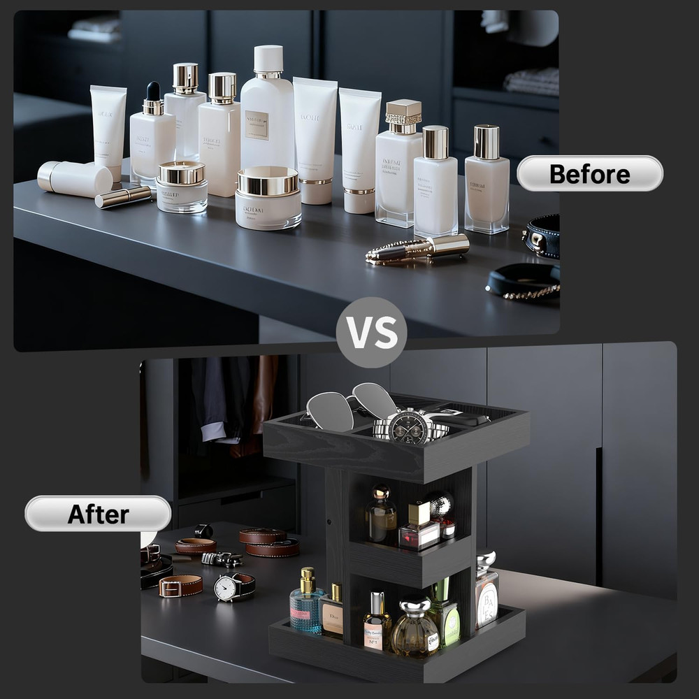 Cologne Organizer for Men Rotating Bathroom Counter Organizer, 3-Tier Solid Wood