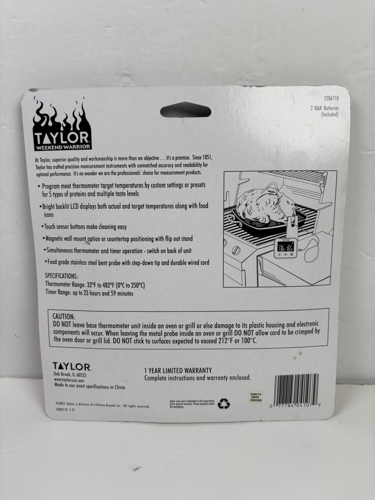 Taylor Programmable Wired Probe Kitchen Thermometer Timer #5286710 SEALED