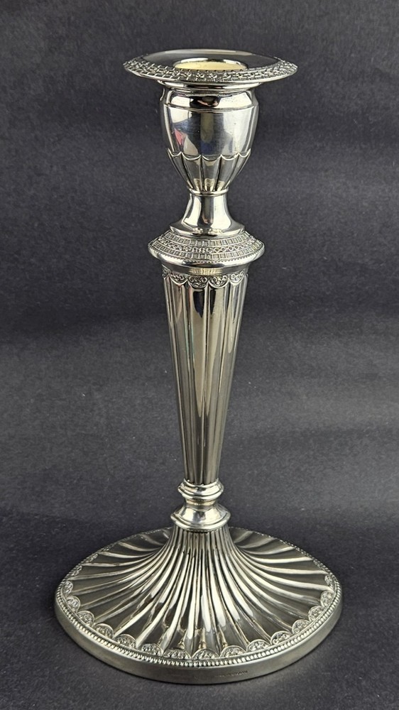 Silver-Plated Candlestick, feat Neoclassical Design, Fluted Column & Bead Motifs