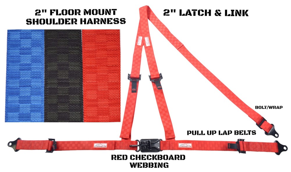 SAND RAIL HARNESS SEAT BELT PULL LAP BELTS 3 POINT BOLT IN 2" RED CHECKERBOARD