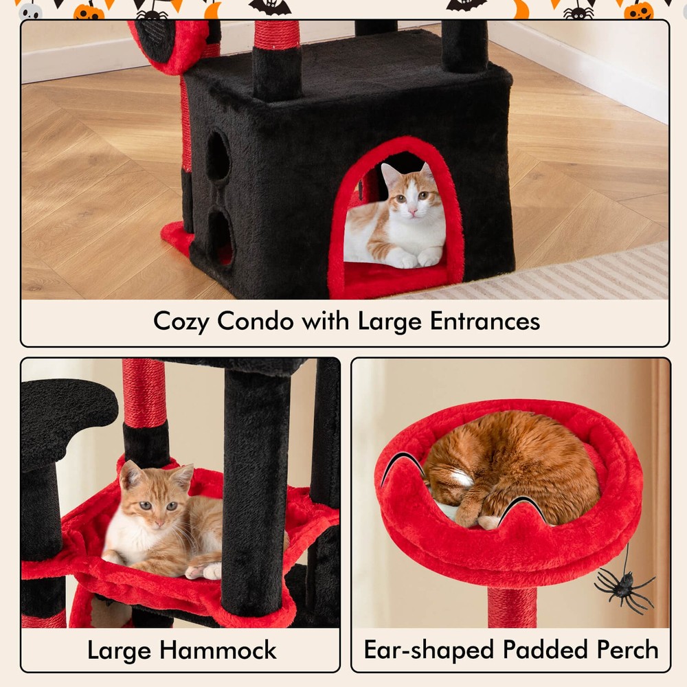 52'' Gothic Cat Tree w/ Plush Perch & Condo Hammock& Hanging Spider Toy