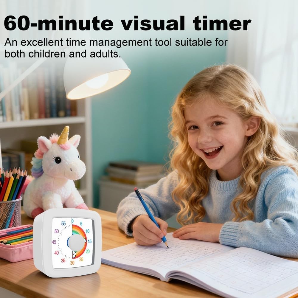 Rainbow Visual Timer for Kids, 60 Minute Silent Countdown Clock with Color Disk