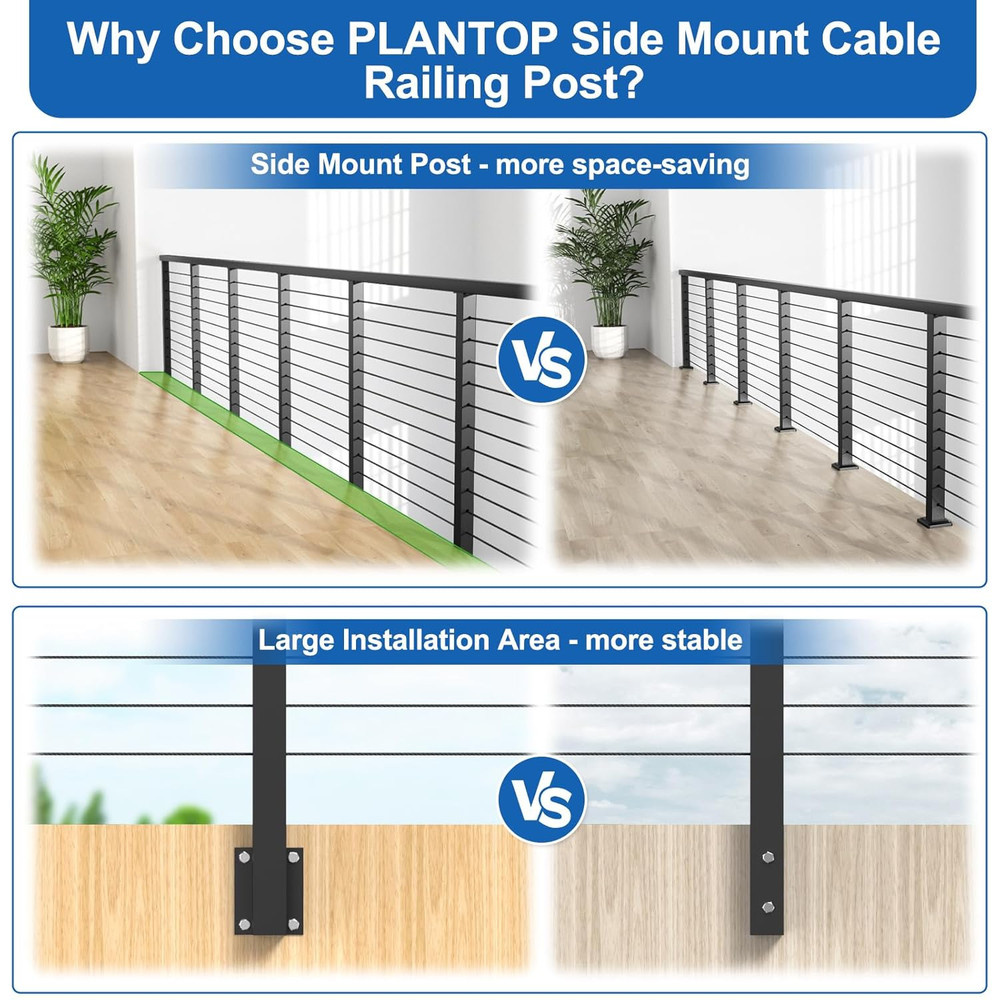36" Side Mount Railing Post Kit with Stainless Steel Cable - 12-20Ft, 4 Pack