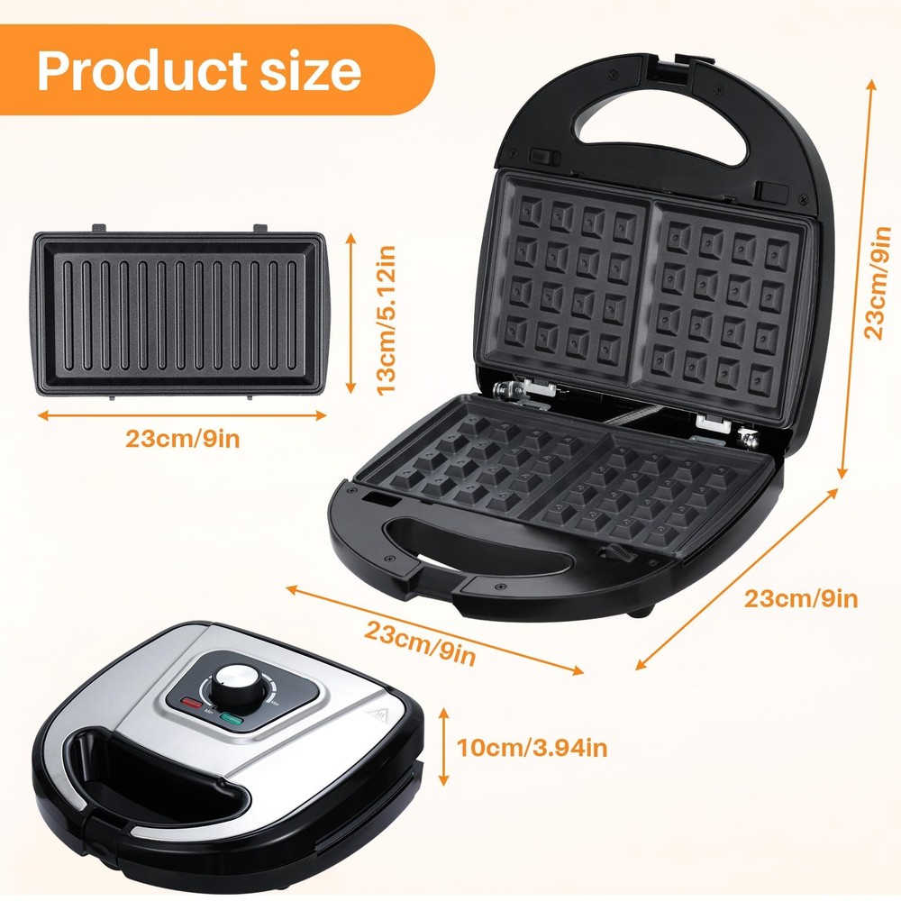 3-in-1 Waffle Maker with Removable Plates, Breakfast Sandwich Press Precise 2...