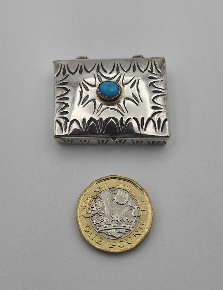 Vintage Sterling Silver Pill Box Rectangular Engraved Blue Turquoise 14.3g