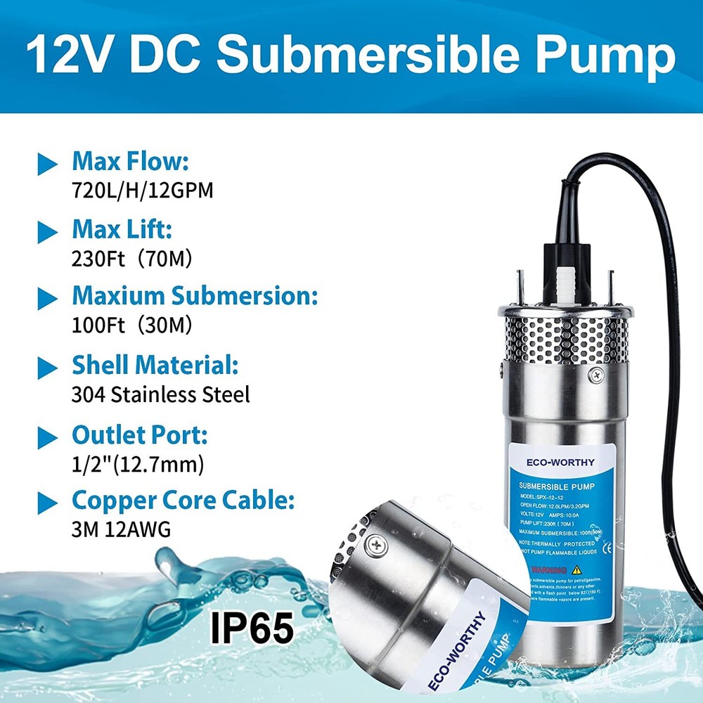 12V DC Submersible Deep Well Pump 3.2GPM 230ft for Irrigation ‎Stainless Steel