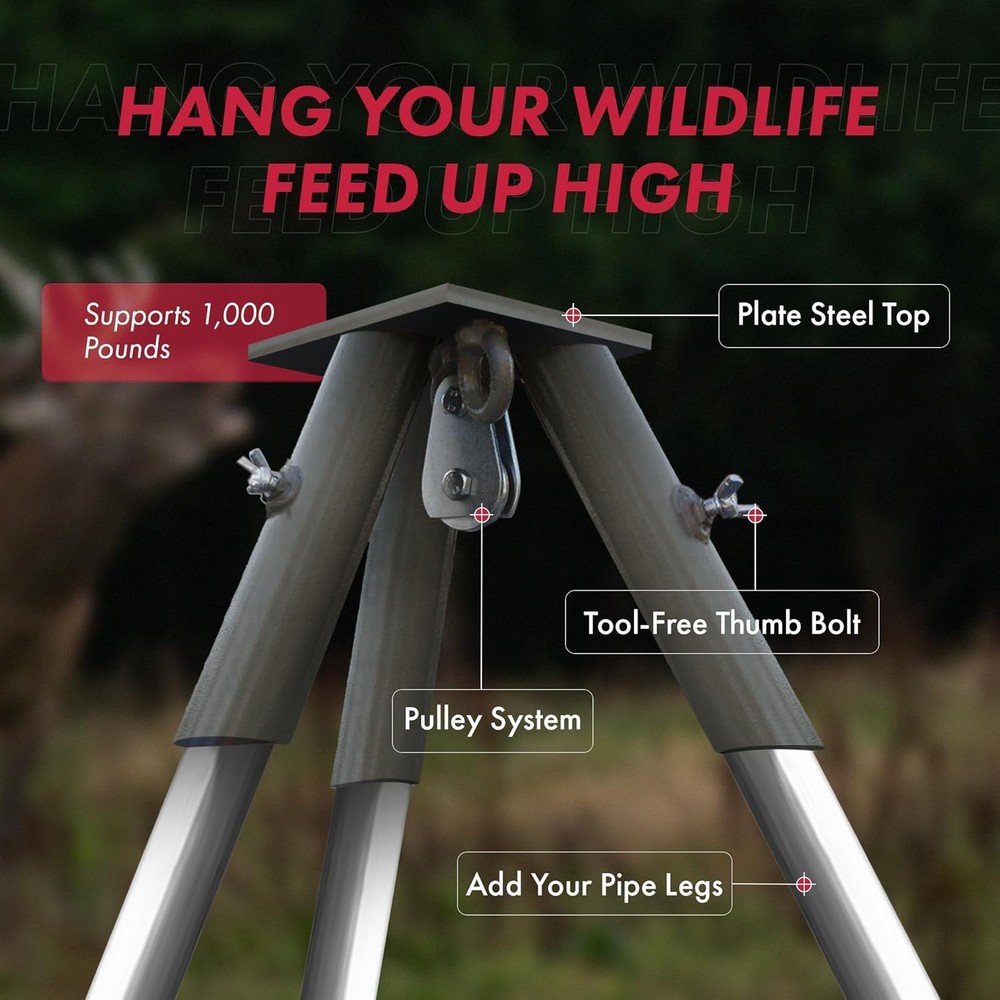 Tripod Header Unit w/Pulley Feeder Stump Puller Camping Hunting Hanging Fire Pit