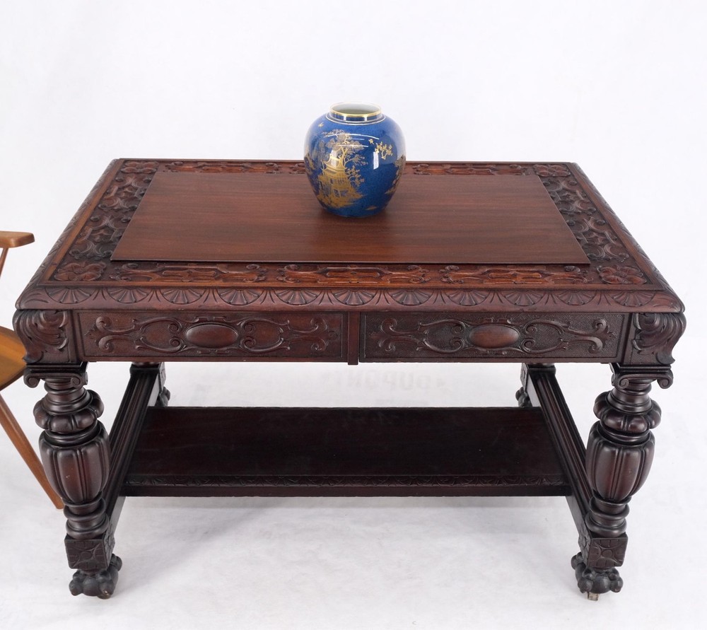 Jacobean Finely Carved Massive Solid Mahogany Partners Desk