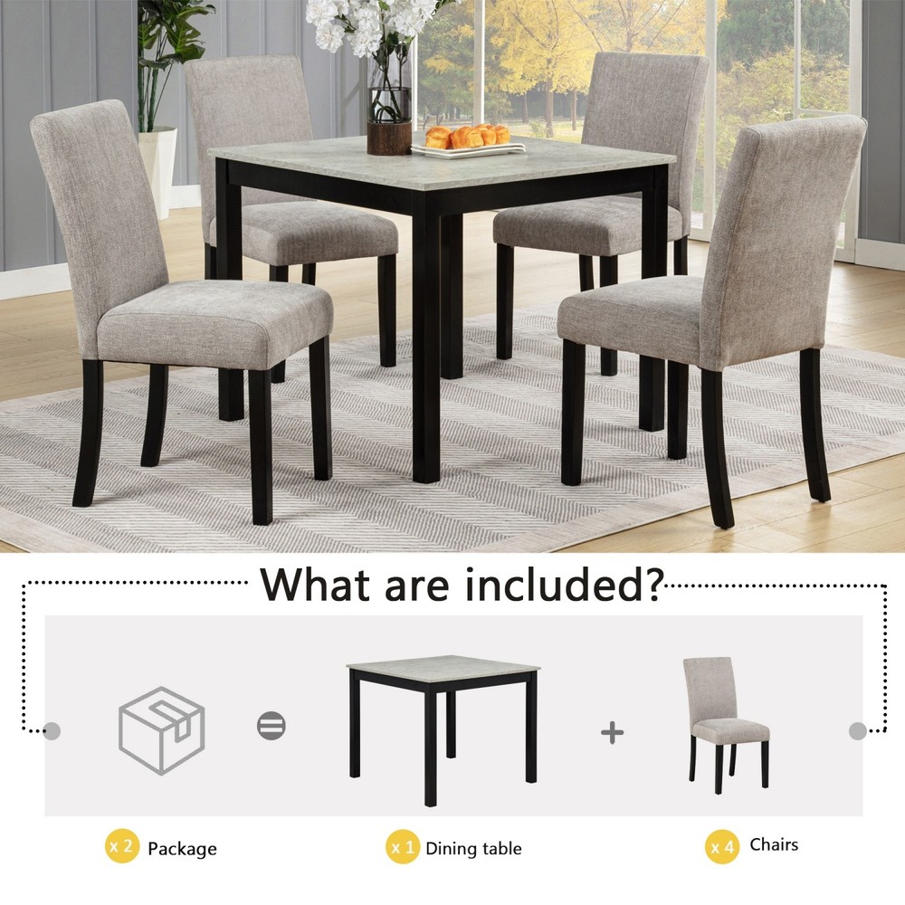 5-Piece Dining Table Set with Square Solid Wood Table and 4 Upholstered Chairs
