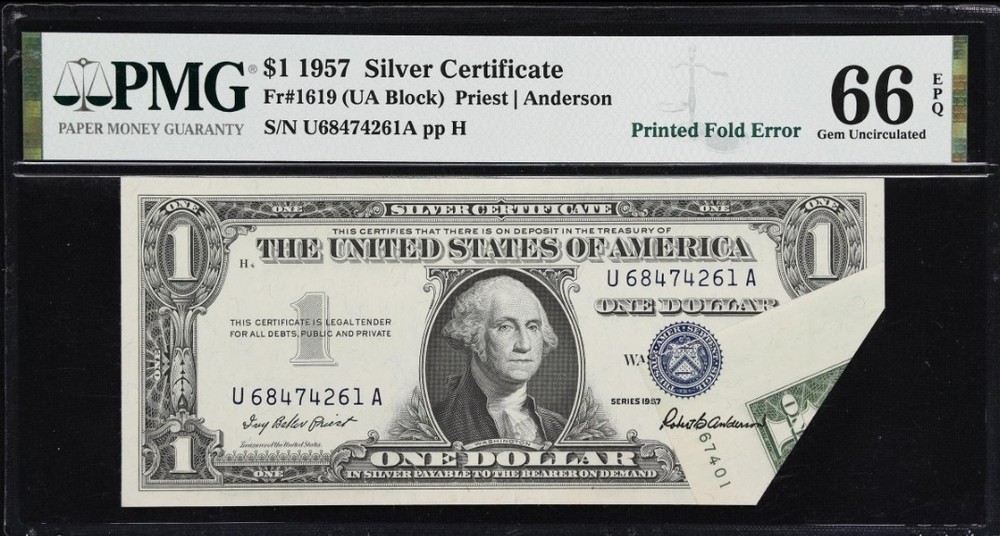 Error Fr. 1619 1957 $1 Silver Certificate PMG Gem 66 EPQ Printed Fold Error