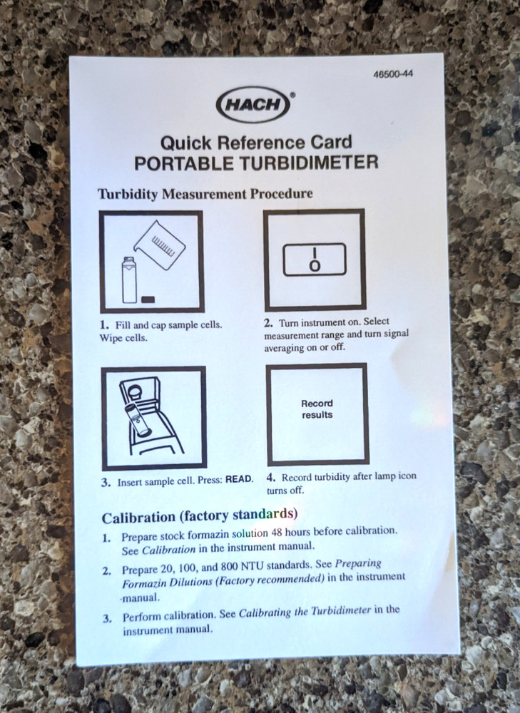 Hach Portable Turbidimeter Quick Reference Card & Error Code List, Item 46000-44