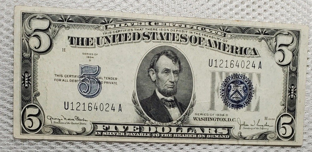 1934D $5 Silver Certificate With Major Reverse Misalignment ERROR Note