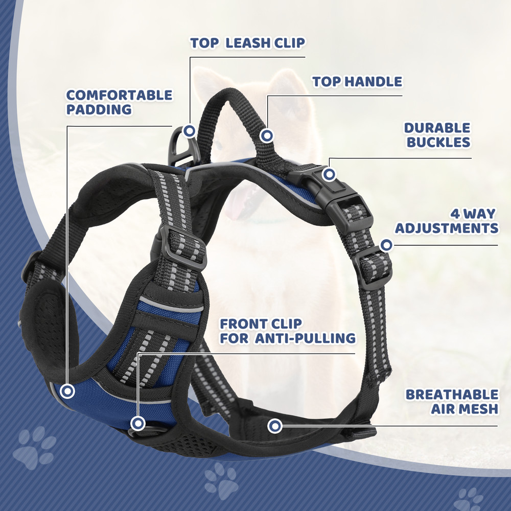 Padded Adjustable Control Pet Dog Harness Reflective Strips Navy Blue w/Handle