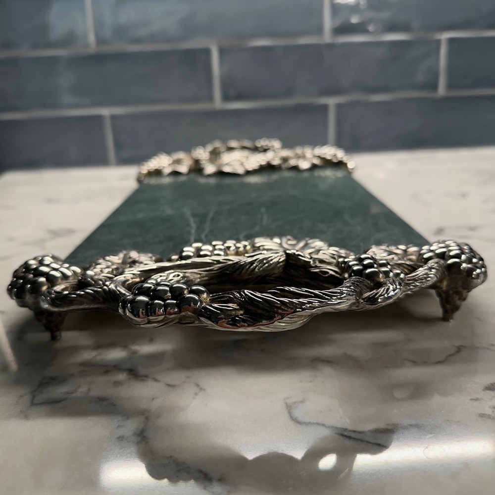 Godinger Silver Art Co. Marble Cheese Board Platter Grape Leaf Silver Handles