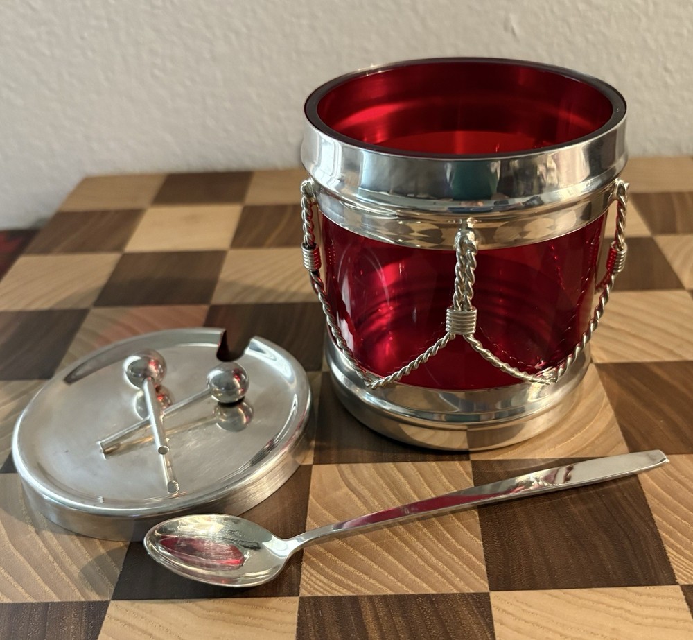 FB Rogers Silver Plate Snare Drum Condiment Red Jar