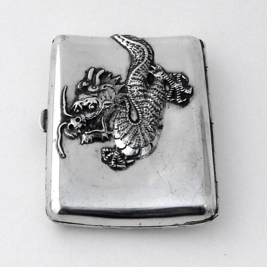 Chinese Export Silver Cigarette Case Applied Dragon