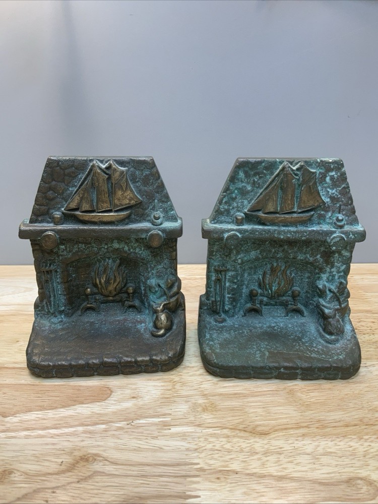 Brass Rustic Blazing Fireplace Solid Brass With Ship On Mantel Bookends
