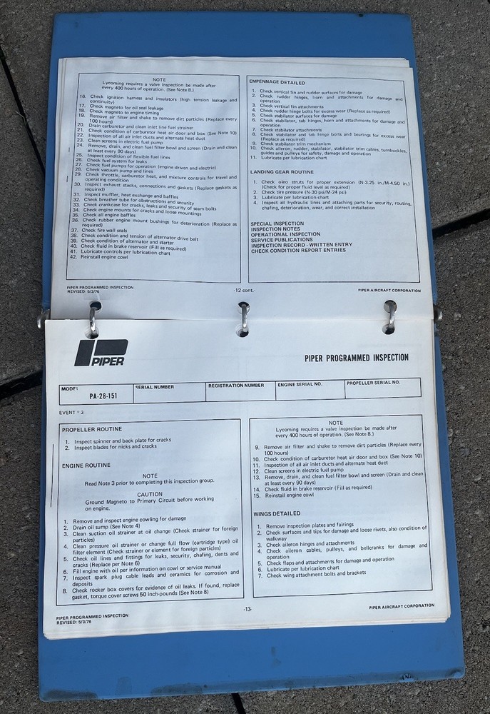 Piper Warrior Programmed Inspection 761-540 Original
