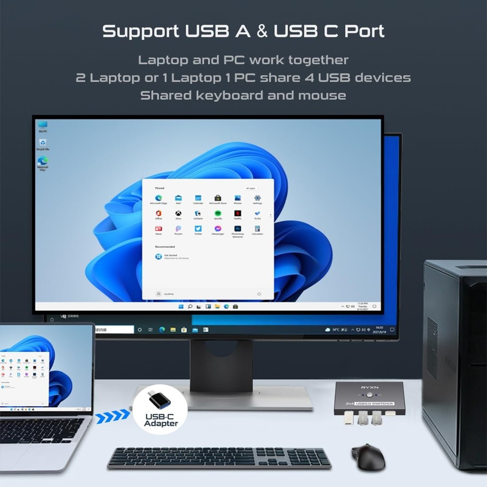 USB Switcher 2 Computers, USB C Switch 2 Computers Share 4 USB 3.0 Devices, w...