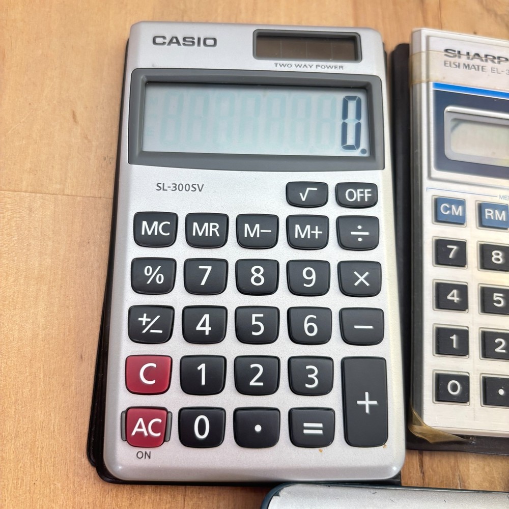 Lot 5 Vtg Calculators, Texas Instruments, Casio, Sharp, Caliber
