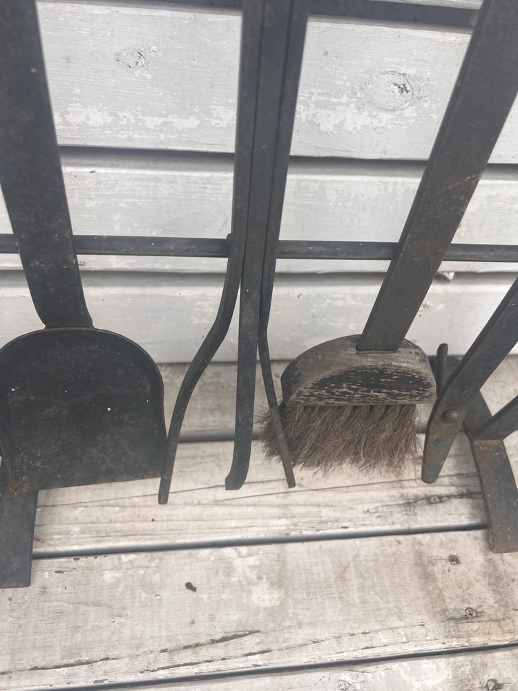 Primitive Style Distressed Iron Fireplace Tools & Rack 5pc Western Rustic