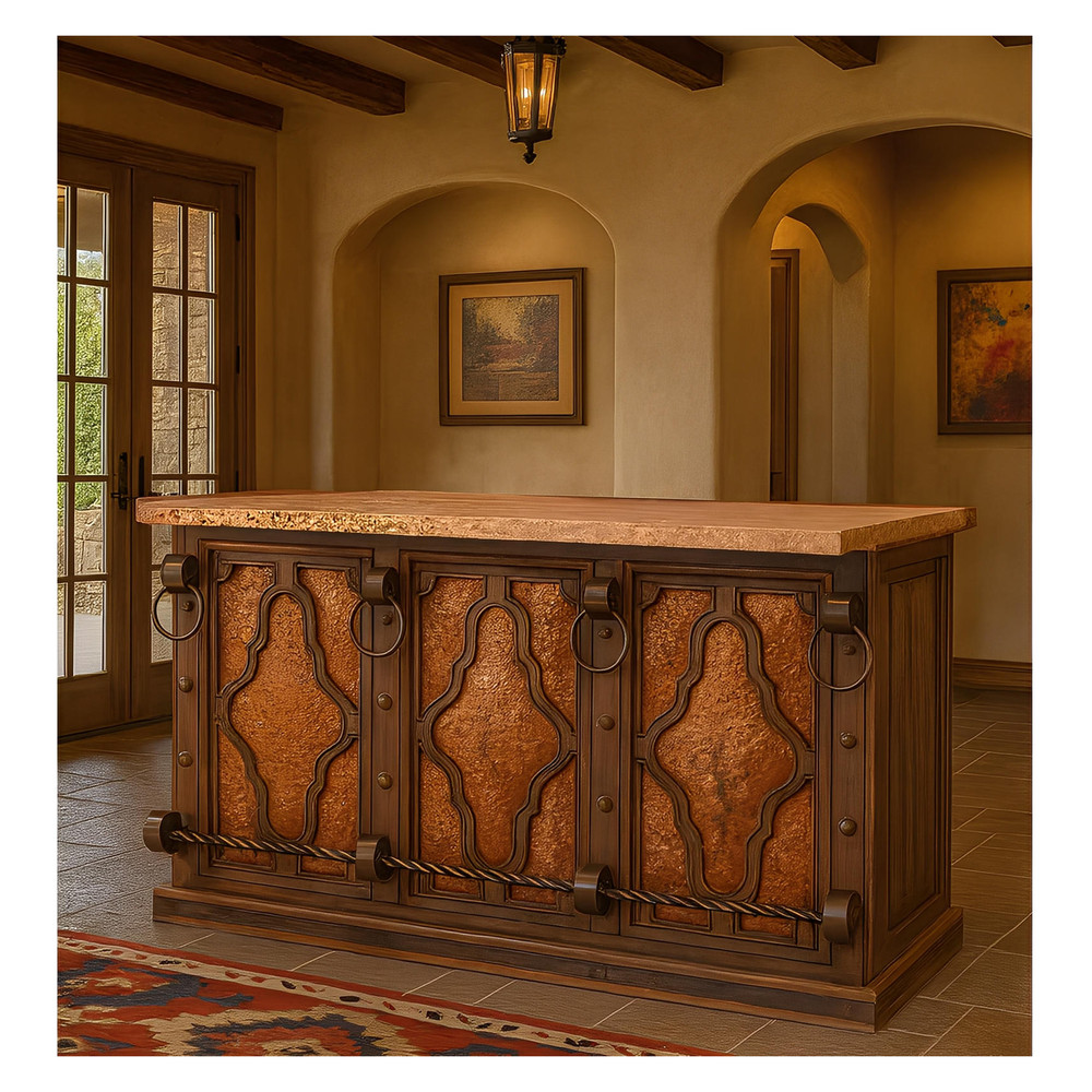 THE BLACKSMITHS RED BAR | COPPER INSERTS, STONE TOP, IRON, WINE RACK