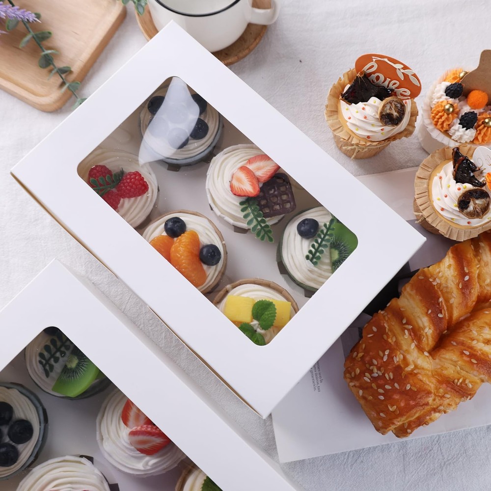 HONEYGIFTS 6 Count White Cupcake Boxes, 6 Sets Cupcake Carrier with Window Boxes