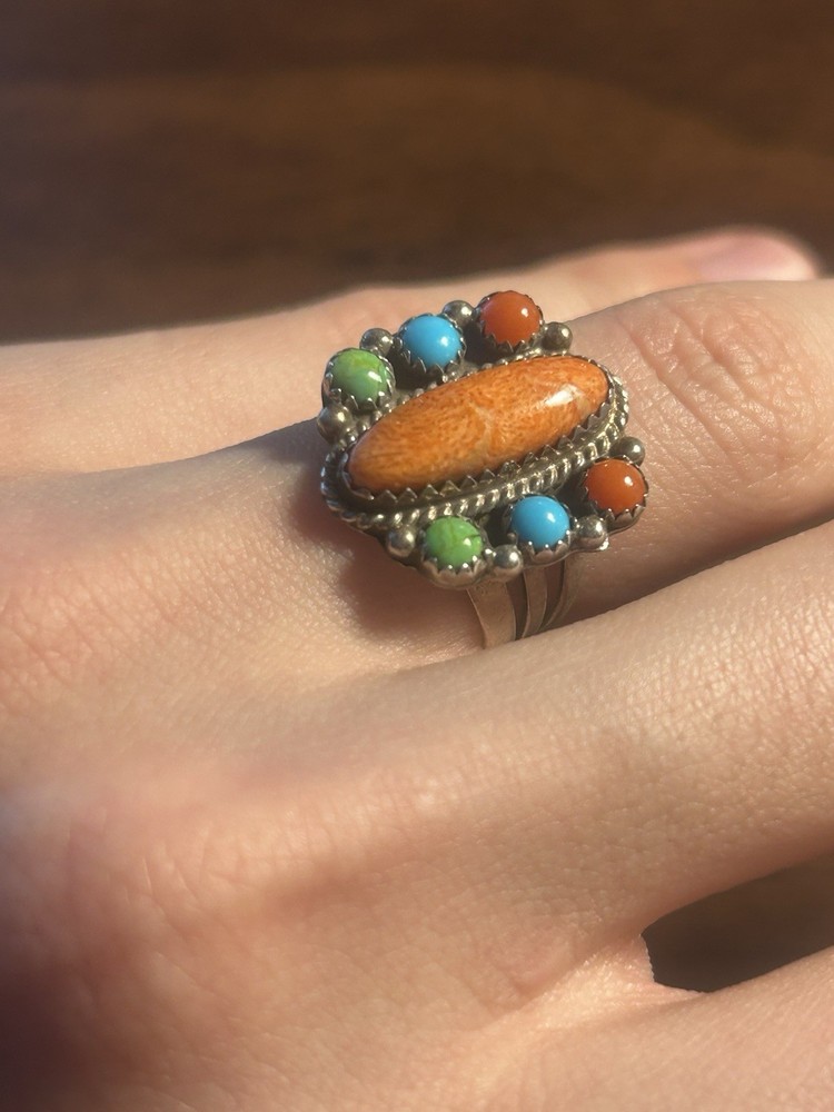 Sterling Silver Native American Handmade Multicolor Stone Cabochon Ring Size 6.5