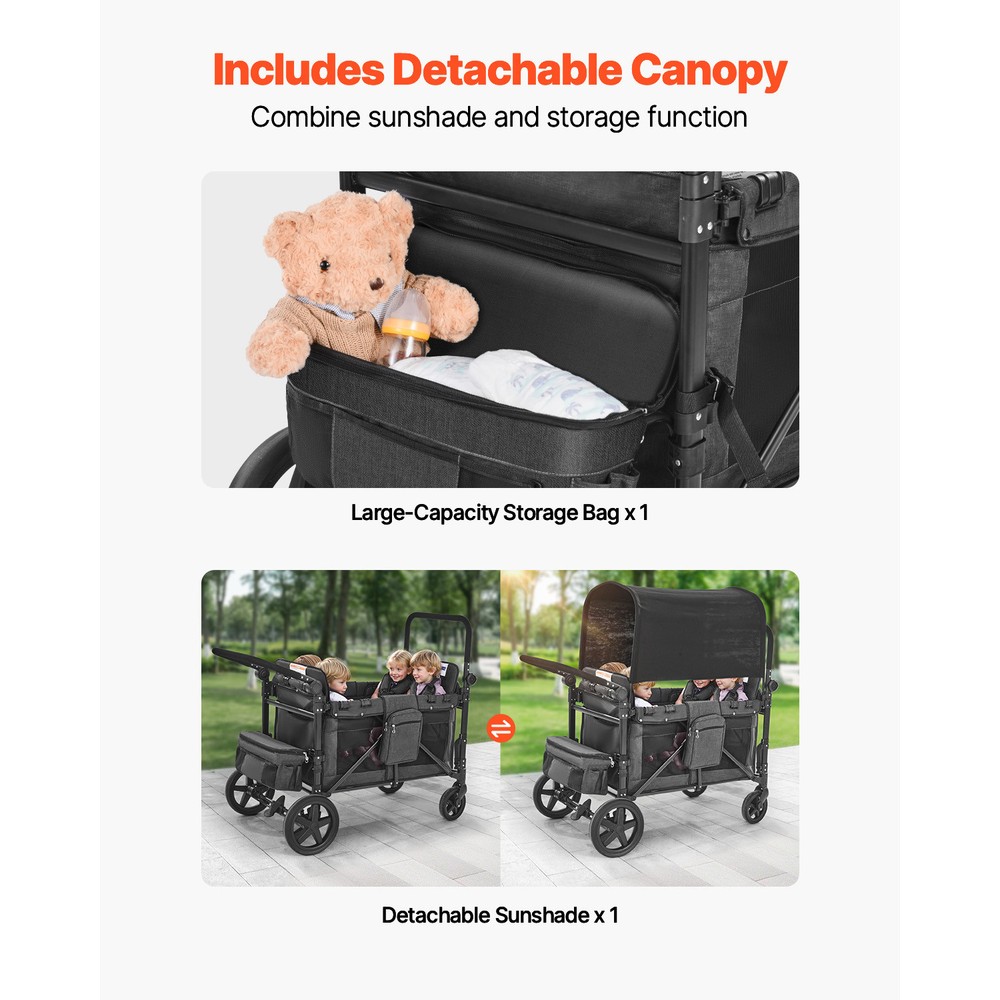 Wagon Stroller 4 seater Push Pull Quad Collapsible Stroller 330LBS with Canopy