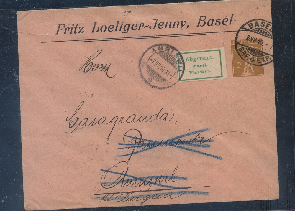 Switzerland  large  postal envelope returned   1910