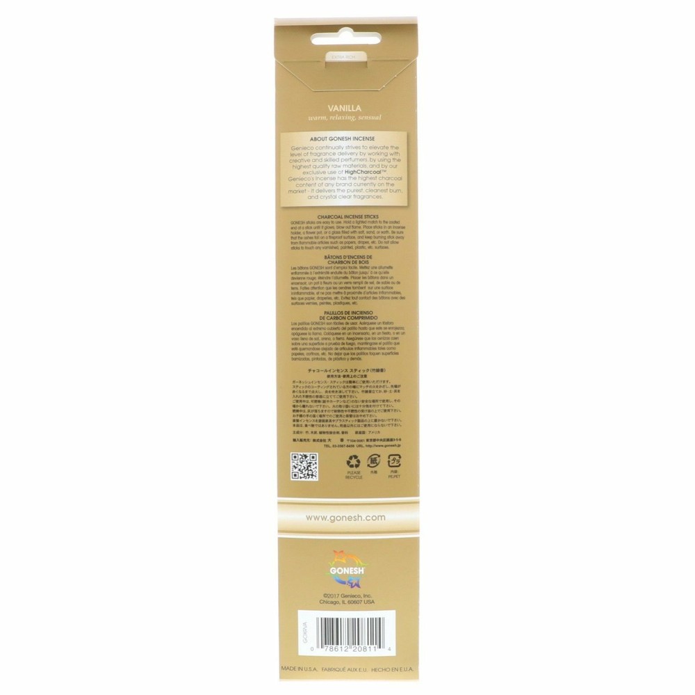 Gonesh Incense Sticks - 4 Packs - Vanilla - 20 Sticks Per Pack Extra Rich