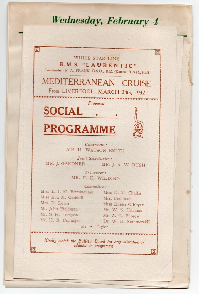 1932 Concert Program & Social Program from White Star Line Ship R.M.S Laurentic