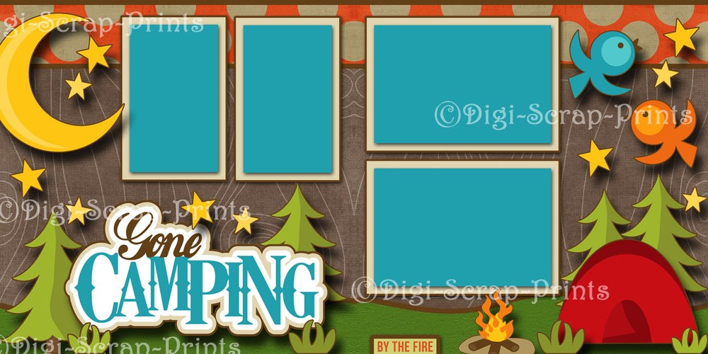 GONE CAMPING ~ 2 premade scrapbook pages paper piecing layout BY DIGISCRAP A0124