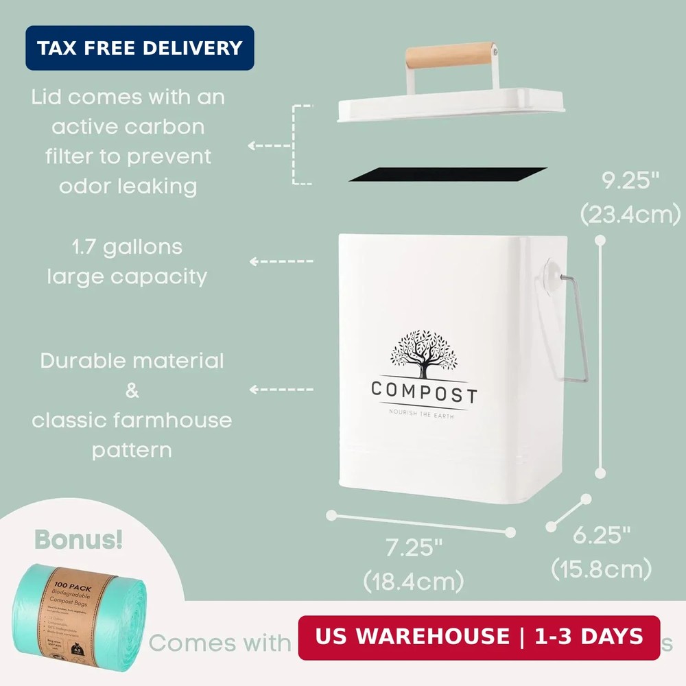 Kitchen Compost Bin, 1.7 Gallon Countertop Compost Bin with Lid, Indoor Compost