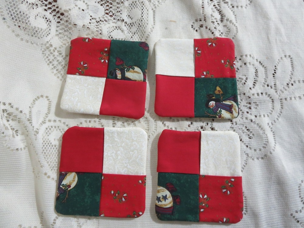 4 Handmade Quilted Snowman Coasters 4" Square
