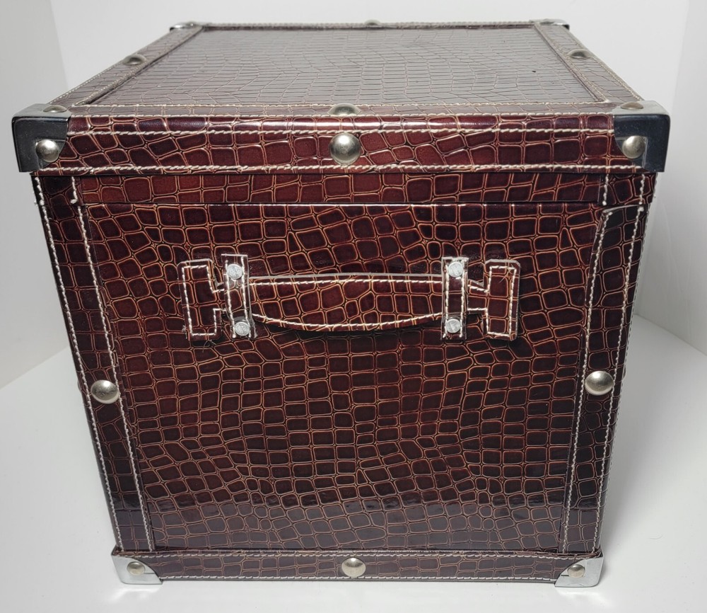 Mock Croc Brown 12x12 Square Trunk Chrome Edged with Handles