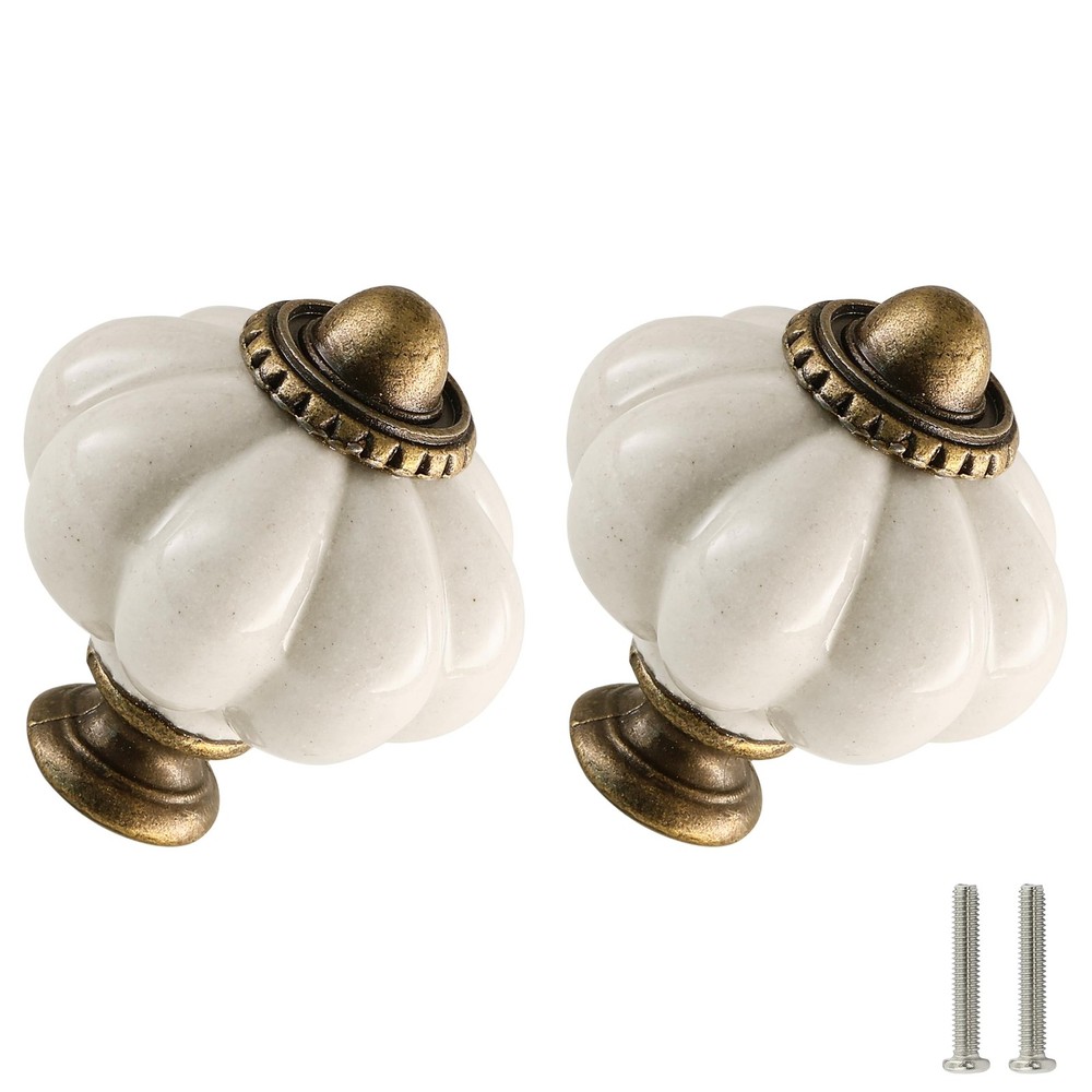 Antique White Pumpkin Knobs 6 Pack Ceramic Cabinet Knobs Vintage Drawer Pulls...