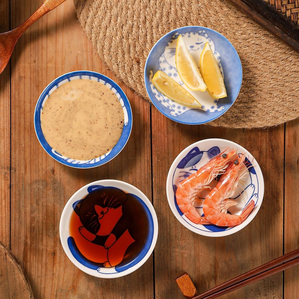 VanEnjoy Small Cute Ceramic Dishware Sets, Kawaii Cat Small, Blue and White