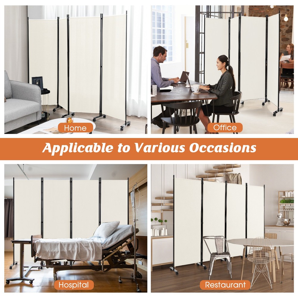4-Panel Folding Room Divider 6' Rolling Privacy Screen w/ Lockable Wheels White