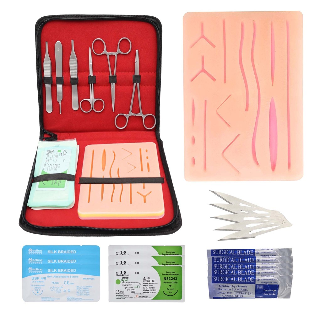 20 Pcs Suture Kit with Scissors Needles and Thread Silicon Pad Student Training