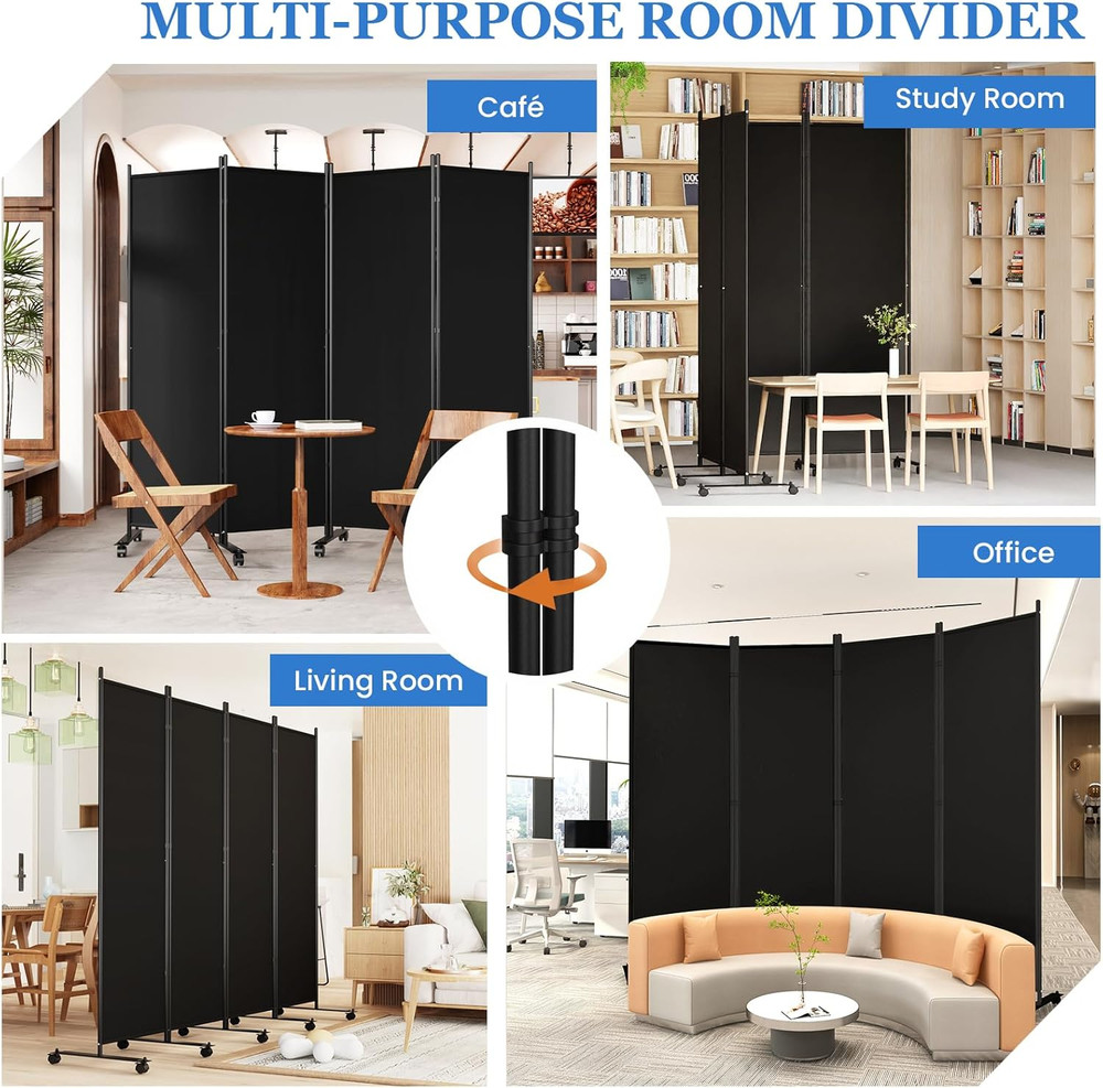 6FT Folding Room Divider with Lockable Wheels - 4 Panel Privacy Screen Black