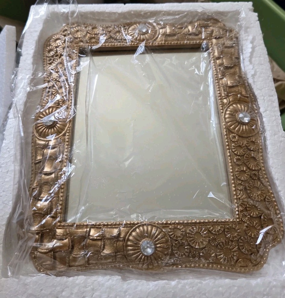 Allure 3pc Vanity Set Gold Glitter Crystal Rhinestone W/ Framed Mirror