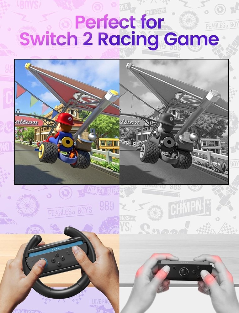Steering Wheel Compatible with Switch 2 JoyCon Controller with Grip Black