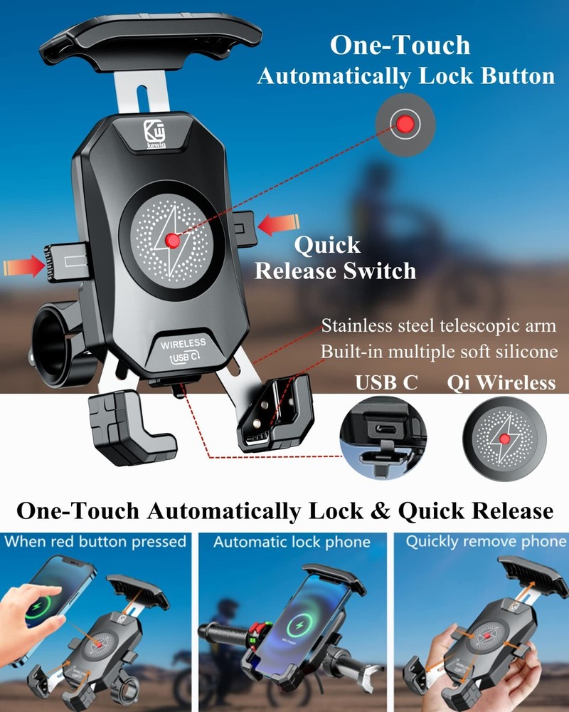Waterproof Motorcycle Phone Mount Wireless USB Charging Auto Lock /Quick Release