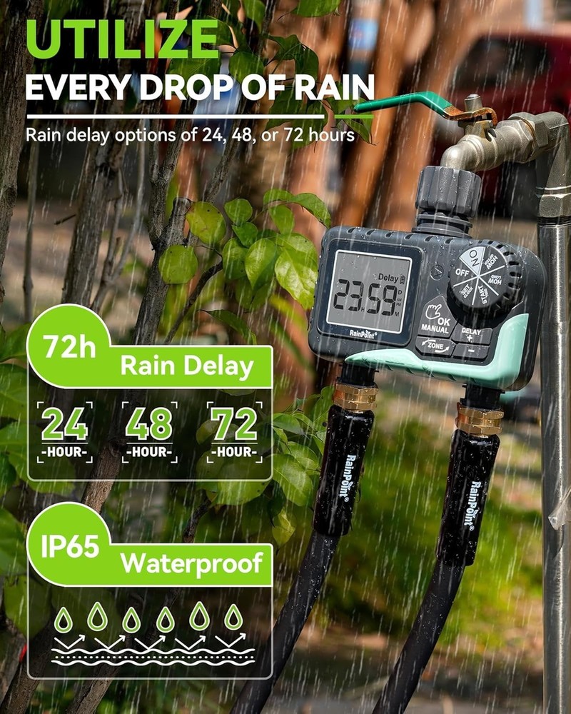 Programmable Sprinkler Timer for Lawn - 7 Settings, Easy Setup, Rain Delay